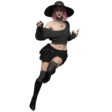 Pembe saçlı, şeffaf arkaplanda soyutlanmış modern bir cadının 3 boyutlu görüntüsü.