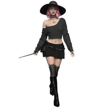 Pembe saçlı, şeffaf arkaplanda soyutlanmış modern bir cadının 3 boyutlu görüntüsü.