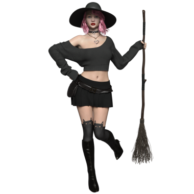 Pembe saçlı, şeffaf arkaplanda soyutlanmış modern bir cadının 3 boyutlu görüntüsü.