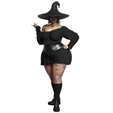 Sivri uçlu şapkalı, siyah kıyafetli, şeffaf arkaplanda izole olmuş üç boyutlu bir cadı.