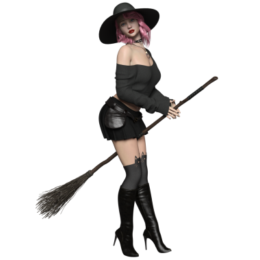 Pembe saçlı, şeffaf arkaplanda soyutlanmış modern bir cadının 3 boyutlu görüntüsü.