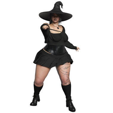 Sivri uçlu şapkalı, siyah kıyafetli, şeffaf arkaplanda izole olmuş üç boyutlu bir cadı.