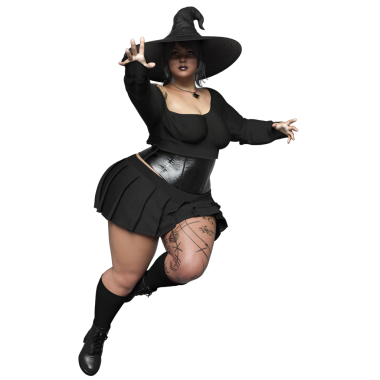 Sivri uçlu şapkalı, siyah kıyafetli, şeffaf arkaplanda izole olmuş üç boyutlu bir cadı.