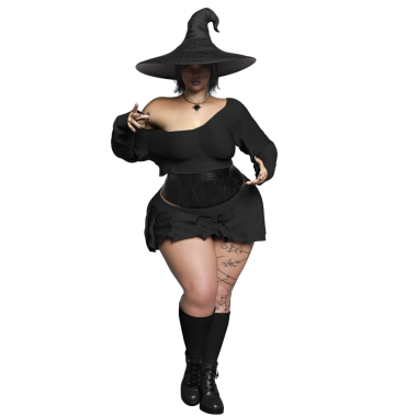 Sivri uçlu şapkalı, siyah kıyafetli, şeffaf arkaplanda izole olmuş üç boyutlu bir cadı.