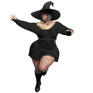 Sivri uçlu şapkalı, siyah kıyafetli, şeffaf arkaplanda izole olmuş üç boyutlu bir cadı.