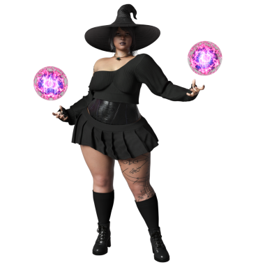 Sivri uçlu şapkalı, siyah kıyafetli, şeffaf arkaplanda izole olmuş üç boyutlu bir cadı.