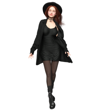 Üç boyutlu, gotik tarzda bir kadın karakter, siyah bir elbise, ceket, çorap ve pentagram boğuculu çizmeler giyiyor, şeffaf bir arka planda izole edilmiş.. 