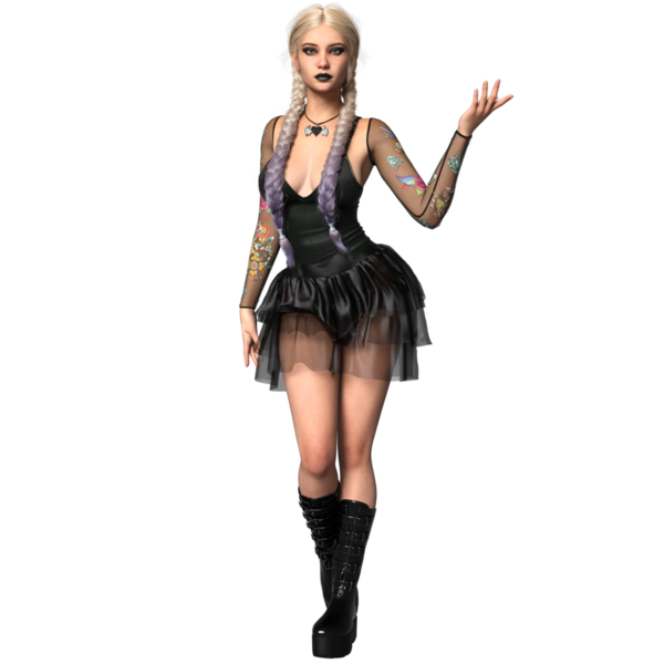 Üç boyutlu, platin saçlı, siyah makyajlı, dövmeli kollu ve gotik modaya sahip katmanlı etekli ve platform botlu katmansız siyah bir elbise giyen şeffaf bir arka planda izole edilmiş kadın karakter.
