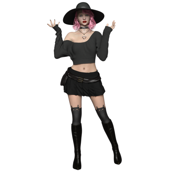 Pembe saçlı, şeffaf arkaplanda soyutlanmış modern bir cadının 3 boyutlu görüntüsü.