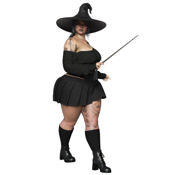 Sivri uçlu şapkalı, siyah kıyafetli, şeffaf arkaplanda izole olmuş üç boyutlu bir cadı.