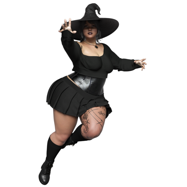 Sivri uçlu şapkalı, siyah kıyafetli, şeffaf arkaplanda izole olmuş üç boyutlu bir cadı.