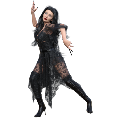 Saf siyah dantelli bir elbise ve yüksek çizmeli, şeffaf bir arka planda izole edilmiş 3D kadın.