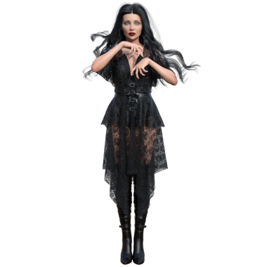 Saf siyah dantelli bir elbise ve yüksek çizmeli, şeffaf bir arka planda izole edilmiş 3D kadın.