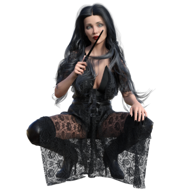 Saf siyah dantelli bir elbise ve yüksek çizmeli, şeffaf bir arka planda izole edilmiş 3D kadın.