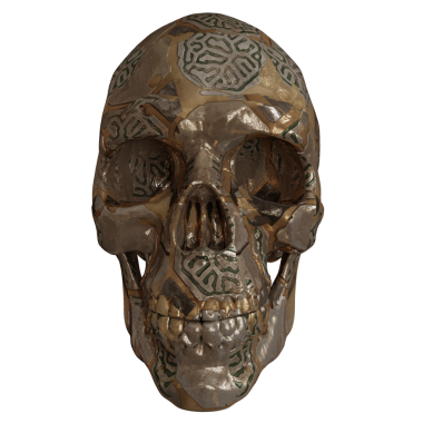 Şeffaf bir arkaplanda izole edilmiş 3 boyutlu altın kafatası süslemesi