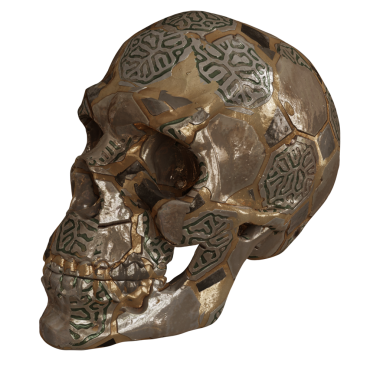 Şeffaf bir arkaplanda izole edilmiş 3 boyutlu altın kafatası süslemesi