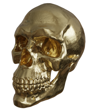 Şeffaf bir arkaplanda izole edilmiş 3 boyutlu altın kafatası süslemesi