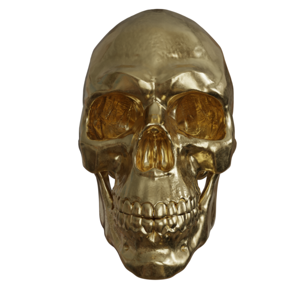 Şeffaf bir arkaplanda izole edilmiş 3 boyutlu altın kafatası süslemesi