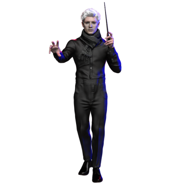 Beyaz saçlı, siyah elbiseli, bir elinde sihirli değnek olan, şeffaf arka planda izole edilmiş bir büyücüye benzeyen üç boyutlu bir karakter.