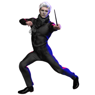 Beyaz saçlı, siyah elbiseli, bir elinde sihirli değnek olan, şeffaf arka planda izole edilmiş bir büyücüye benzeyen üç boyutlu bir karakter.