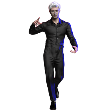 Üç boyutlu bir erkek karakter, kısa beyaz saçlı, tamamen siyah bir kıyafet giyen, üzerine oturan bir gömlek, yüksek bel pantolon ve elbise ayakkabıları, şeffaf bir arka planda izole edilmiş.