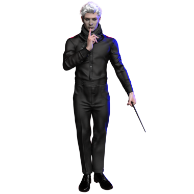 Beyaz saçlı, siyah elbiseli, bir elinde sihirli değnek olan, şeffaf arka planda izole edilmiş bir büyücüye benzeyen üç boyutlu bir karakter.