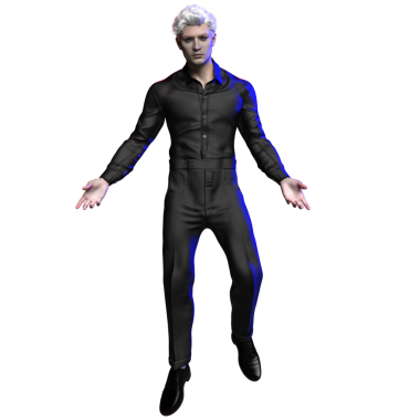 Üç boyutlu bir erkek karakter, kısa beyaz saçlı, tamamen siyah bir kıyafet giyen, üzerine oturan bir gömlek, yüksek bel pantolon ve elbise ayakkabıları, şeffaf bir arka planda izole edilmiş.