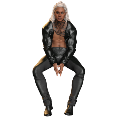 Üç boyutlu, uzun beyaz saçlı, dövmeli, siyah deri ceketli ve aynı deri pantolonlu, şeffaf arka planda izole edilmiş bir karakter.