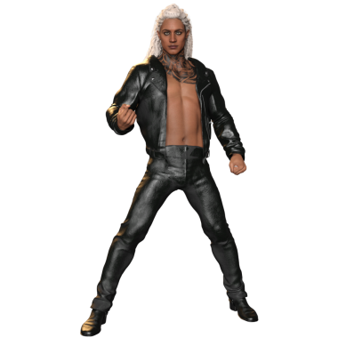 Üç boyutlu, uzun beyaz saçlı, dövmeli, siyah deri ceketli ve aynı deri pantolonlu, şeffaf arka planda izole edilmiş bir karakter.