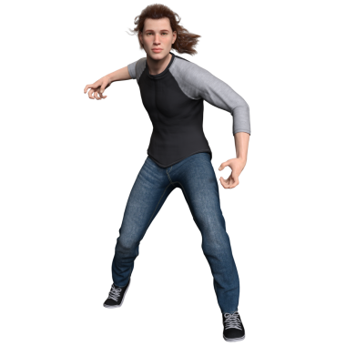 3D, siyah ve gri uzun kollu gömlek, mavi kot pantolon ve siyah spor ayakkabı giyen, şeffaf arka planda izole edilmiş bir adamın görüntüsü.