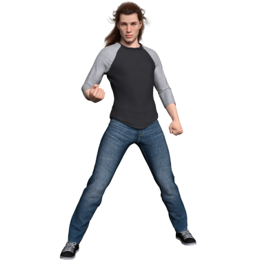 3D, siyah ve gri uzun kollu gömlek, mavi kot pantolon ve siyah spor ayakkabı giyen, şeffaf arka planda izole edilmiş bir adamın görüntüsü.