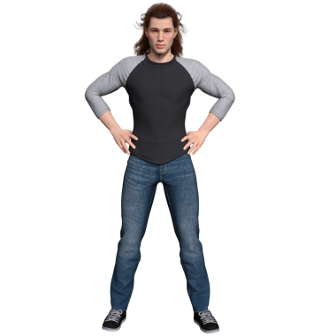 3D, siyah ve gri uzun kollu gömlek, mavi kot pantolon ve siyah spor ayakkabı giyen, şeffaf arka planda izole edilmiş bir adamın görüntüsü.