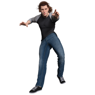 3D, siyah ve gri uzun kollu gömlek, mavi kot pantolon ve siyah spor ayakkabı giyen, şeffaf arka planda izole edilmiş bir adamın görüntüsü.