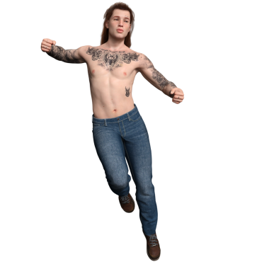 Üç boyutlu, uzun kahverengi saçlı, dövmesi olmayan, şeffaf arka planda kot pantolon giyen erkek karakter.. 