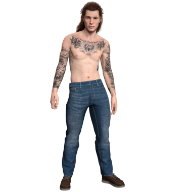 Üç boyutlu, uzun kahverengi saçlı, dövmesi olmayan, şeffaf arka planda kot pantolon giyen erkek karakter.. 