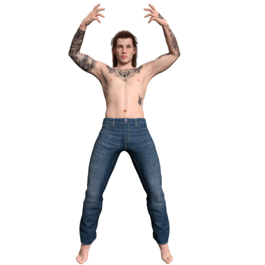 Üç boyutlu, uzun kahverengi saçlı, dövmesi olmayan, şeffaf arka planda kot pantolon giyen erkek karakter.. 