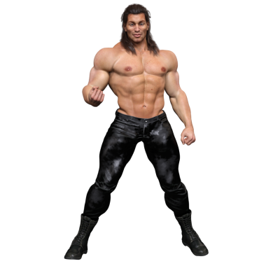 Üç boyutlu, uzun siyah saçlı, üstsüz, siyah deri pantolon ve çizme giyen, şeffaf arkaplanda izole olmuş kaslı bir erkek karakter.