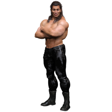 Üç boyutlu, uzun siyah saçlı, üstsüz, siyah deri pantolon ve çizme giyen, şeffaf arkaplanda izole olmuş kaslı bir erkek karakter.