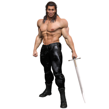 Üç boyutlu, uzun siyah saçlı, üstsüz, siyah deri pantolon ve botlu, şeffaf arka planda izole edilmiş bir kılıç tutan kaslı bir erkek karakter.