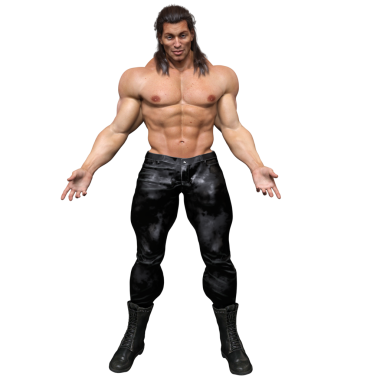 Üç boyutlu, uzun siyah saçlı, üstsüz, siyah deri pantolon ve çizme giyen, şeffaf arkaplanda izole olmuş kaslı bir erkek karakter.