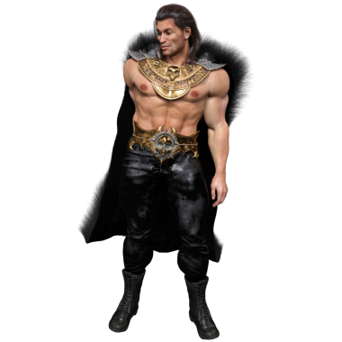 3D, göğüs zırhı ve kemeriyle süslü, siyah deri pantolon, çizme ve şeffaf arka planda izole edilmiş uzun koyu renk bir pelerin giyen kaslı bir erkek fantezi savaşçısı.. 