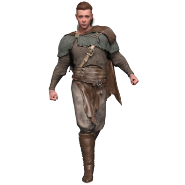 Üç boyutlu deri ve kumaş zırhlı bir ortaçağ savaşçısı. Yumruklarını sıkmış ve kararlı bir ifadeyle ileri doğru yürüyor. Karakter bir pelerin ve ayrıntılı kemer aksesuarları giyiyor. Şeffaf arkaplanda izole. 