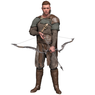 3D, ortaçağ okçusu. Detaylı bir ok ve yayla nişan almış. Savaşçı, şeffaf arka planda izole edilmiş bir pelerinli deri ve kumaş zırh giyer..