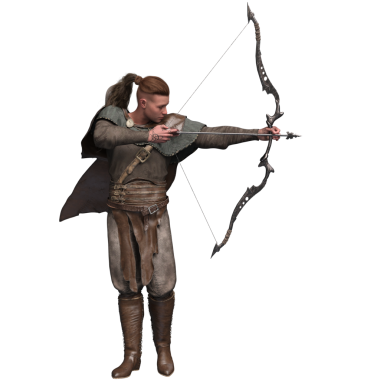 3D, ortaçağ okçusu. Detaylı bir ok ve yayla nişan almış. Savaşçı, şeffaf arka planda izole edilmiş bir pelerinli deri ve kumaş zırh giyer..