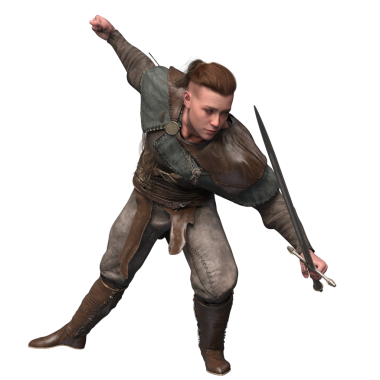 Üç boyutlu bir ortaçağ savaşçısı elinde uzun kılıçla, yeşil pelerinli, şeffaf bir arka planda izole edilmiş deri ve kumaş zırh giyiyor.. 