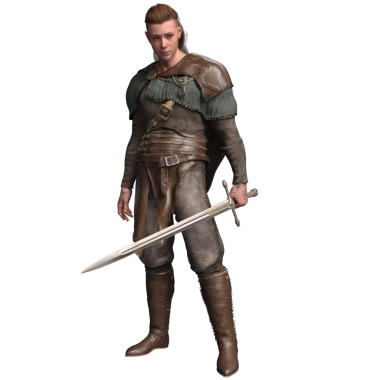 Üç boyutlu bir ortaçağ savaşçısı elinde uzun kılıçla, yeşil pelerinli, şeffaf bir arka planda izole edilmiş deri ve kumaş zırh giyiyor.. 