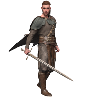 Üç boyutlu bir ortaçağ savaşçısı elinde uzun kılıçla, yeşil pelerinli, şeffaf bir arka planda izole edilmiş deri ve kumaş zırh giyiyor.. 