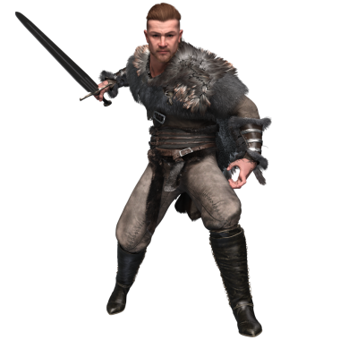 Üç boyutlu, deri zırhlı ve kürklü Viking savaşçısını yumruklarını sıkmış bir şekilde öne doğru yürüyordu. Sert bir kürk pelerini ve şeffaf arka planda izole edilmiş ağır botlar giyiyor..