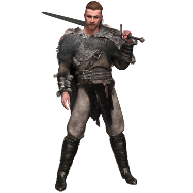 Üç boyutlu, deri zırhlı ve kürklü Viking savaşçısını yumruklarını sıkmış bir şekilde öne doğru yürüyordu. Sert bir kürk pelerini ve şeffaf arka planda izole edilmiş ağır botlar giyiyor..