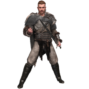 Üç boyutlu, deri zırhlı ve kürklü Viking savaşçısını yumruklarını sıkmış bir şekilde öne doğru yürüyordu. Sert bir kürk pelerini ve şeffaf arka planda izole edilmiş ağır botlar giyiyor..